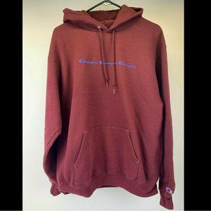 Champion Logo Hoodie Sweatshirt Burgundy Maroon - Size Large